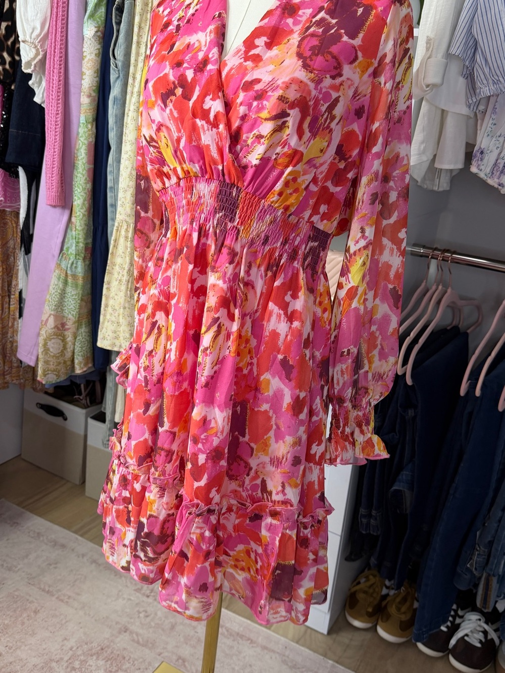 Bright Pink Floral Smocked Waist Long Sleeve Dress